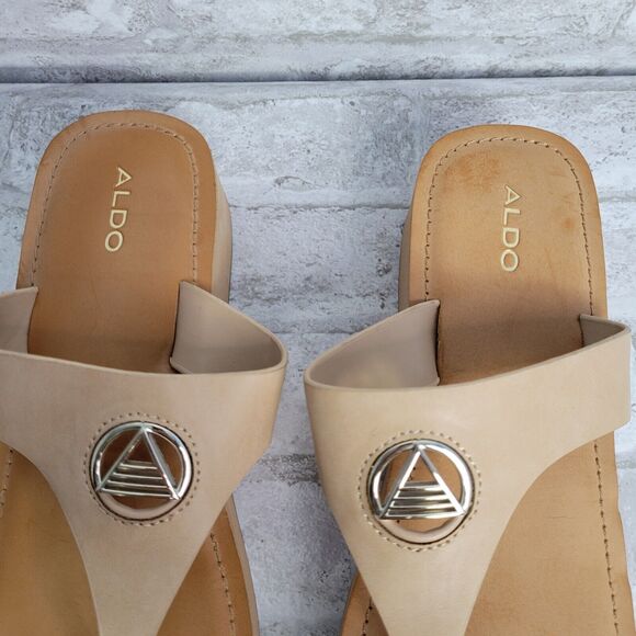 Aldo Women's Brown Leather Thong Wedge Flip Flop Sandals SZ 9 - Picture 7 of 11